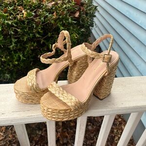 Womens Liliana Platform Strap Sandal Sz 7 Tan / Brown Chunky 5" Heels